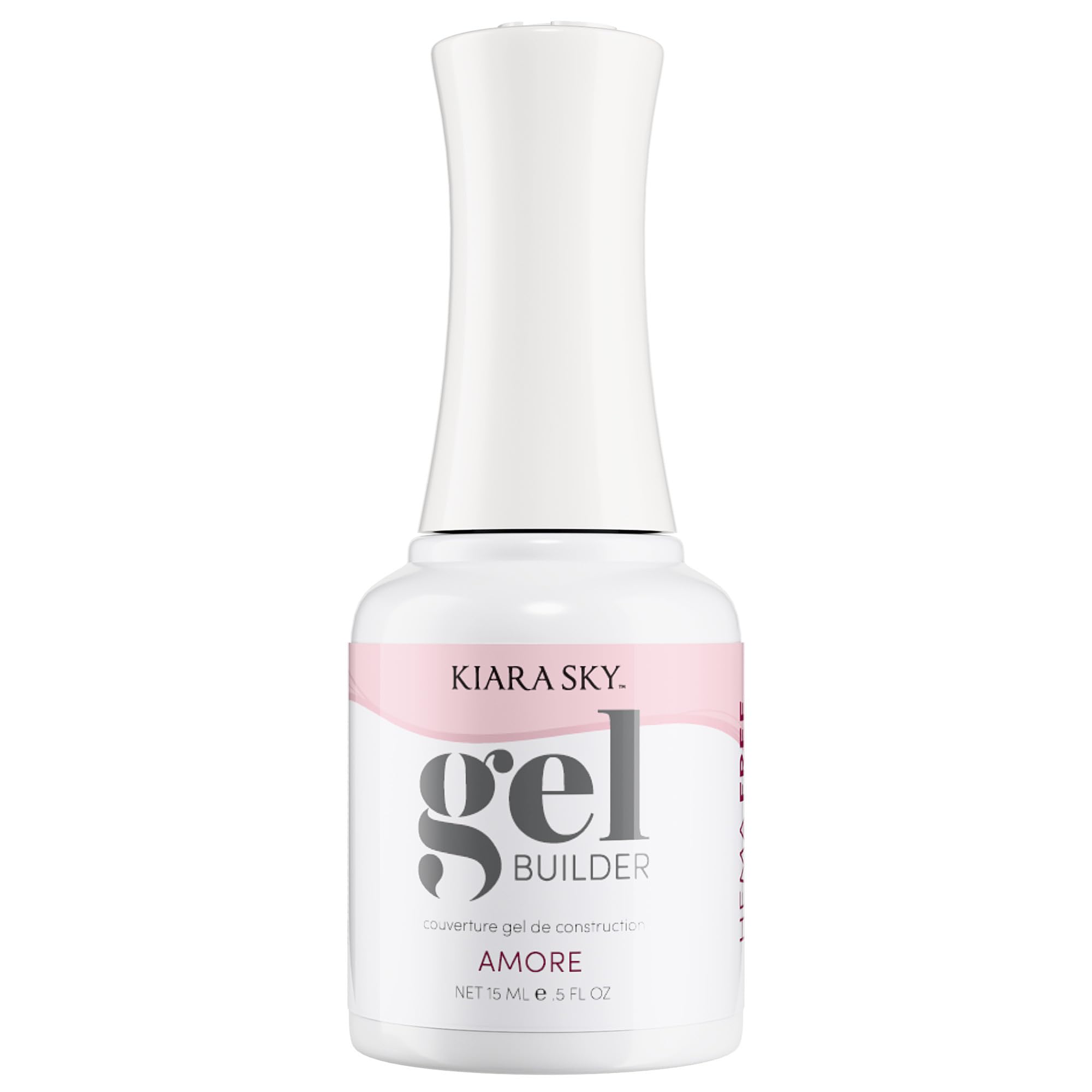 Kiara Sky Amore Builder Gel bottle front shows soft rose shade for durable nails.