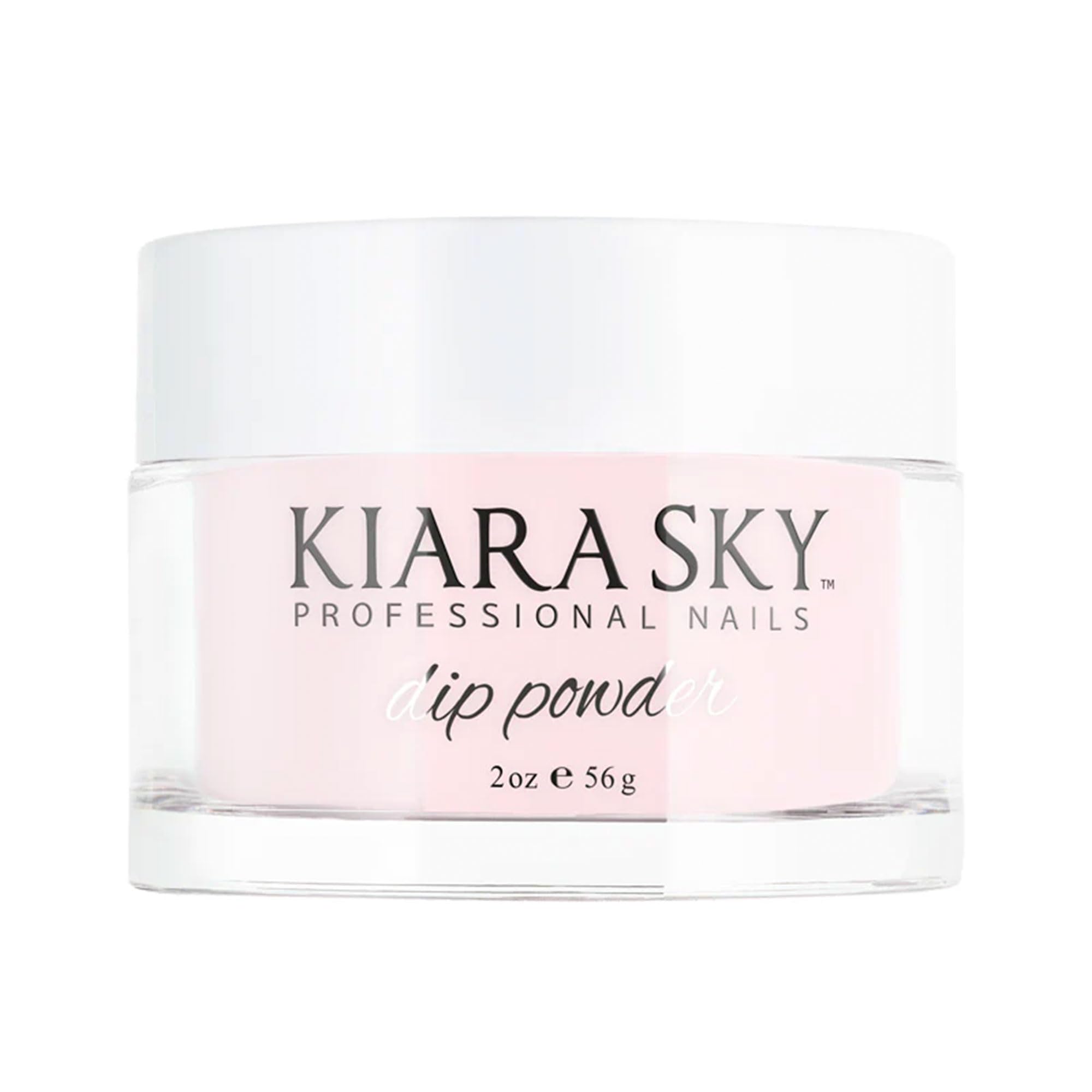 Kiara Sky light pink dip powder bottle swatch for soft classic French tips.