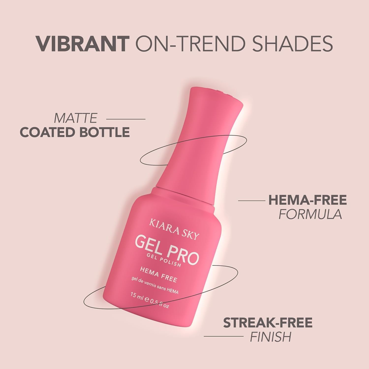 Kiara Sky Gel Pro HEMA-FREE bottle close-up highlights 15 ml size for efficient workflows.