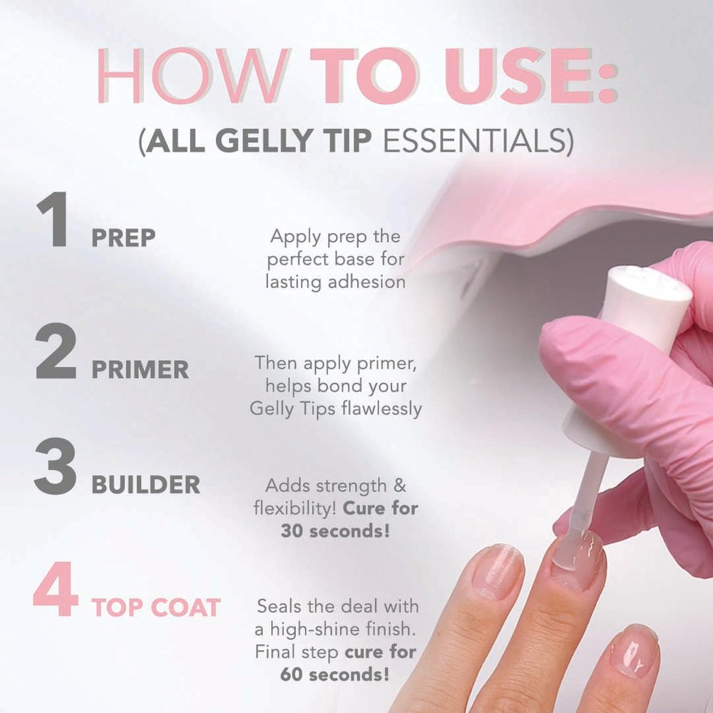 Step 4 of Kiara Sky Gelly Tips process shown with top coat.
