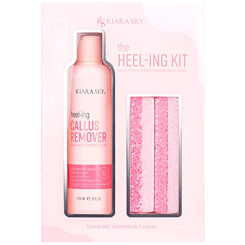 Kiara Sky Heeling Callus Remover Set bottle pour shows easy at-home application for smoother feet