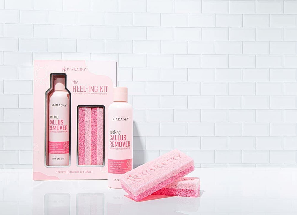 Kiara Sky Heeling Callus Remover Set foot care session suggests quick at-home pedicure