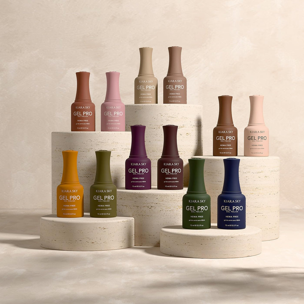 Kiara Sky Gel Pro HEMA-FREE Fall Edit swatches show rich autumn tones.