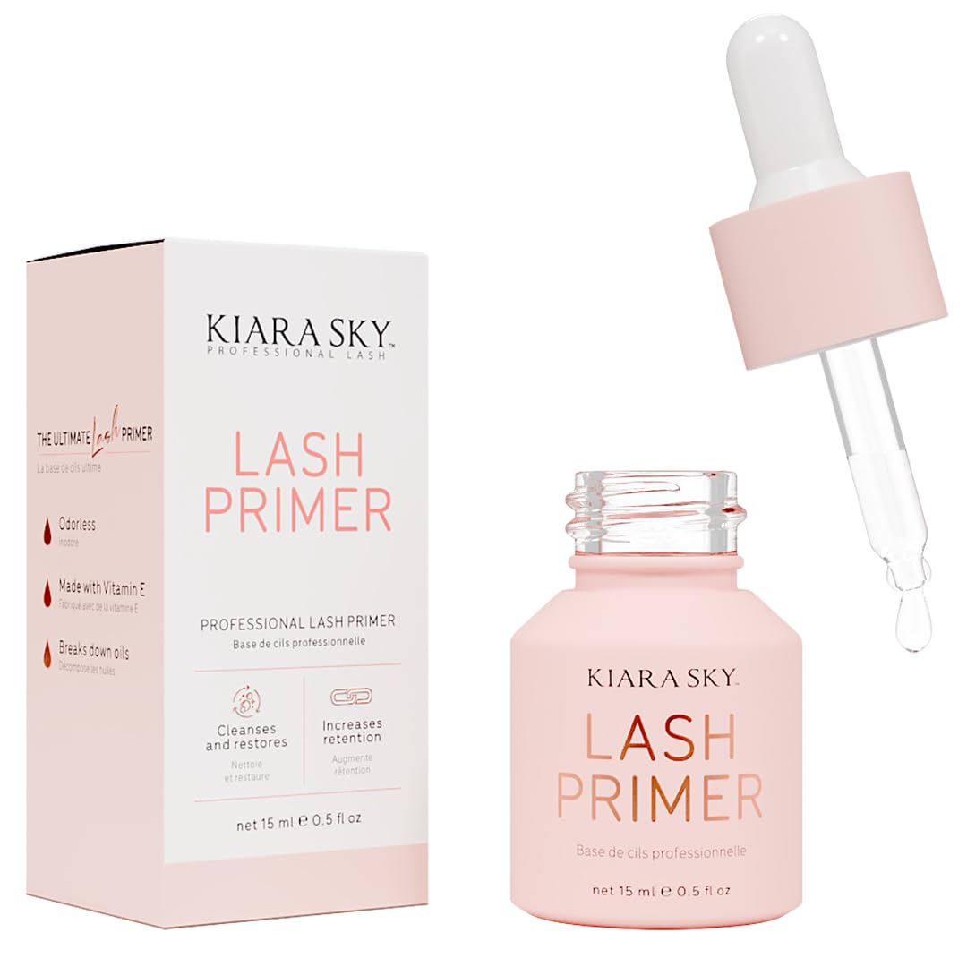 Kiara Sky Lash Primer bottle with dropper enhances adhesion for long-lasting extensions