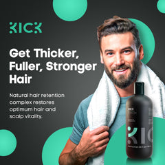 Kick Mens Shampoo lather on scalp showing balanced hair for oil-control daily use.