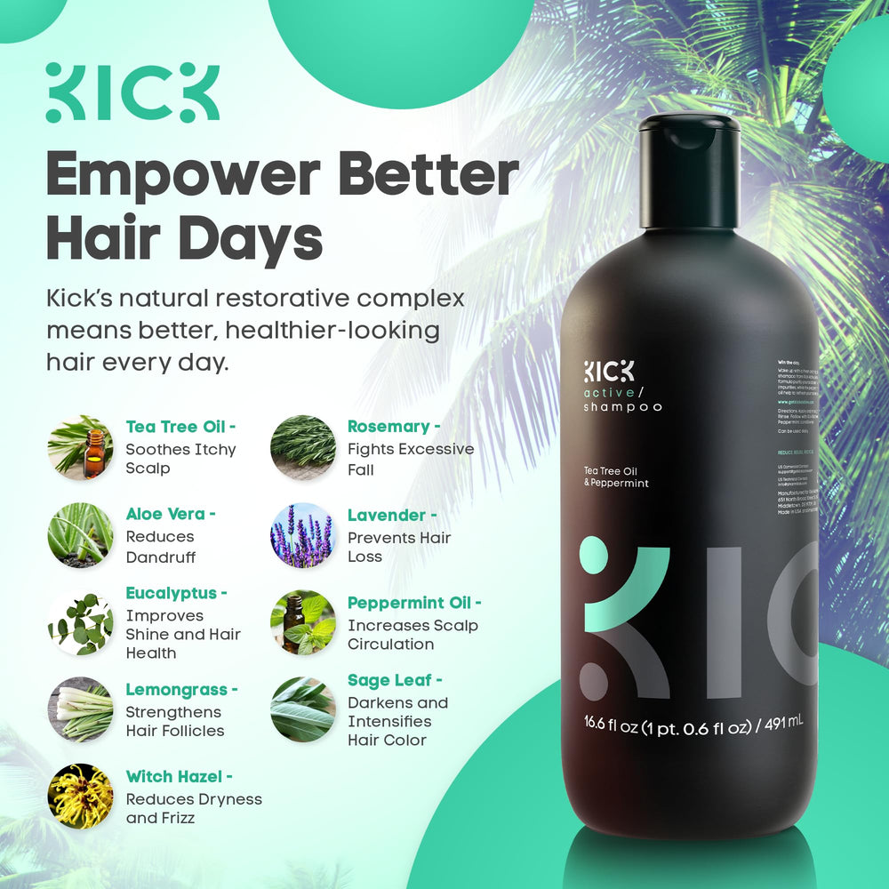 Kick Mens Shampoo pump releasing creamy lather for gentle daily cleansing.