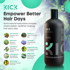 Kick Mens Shampoo pump releasing creamy lather for gentle daily cleansing.