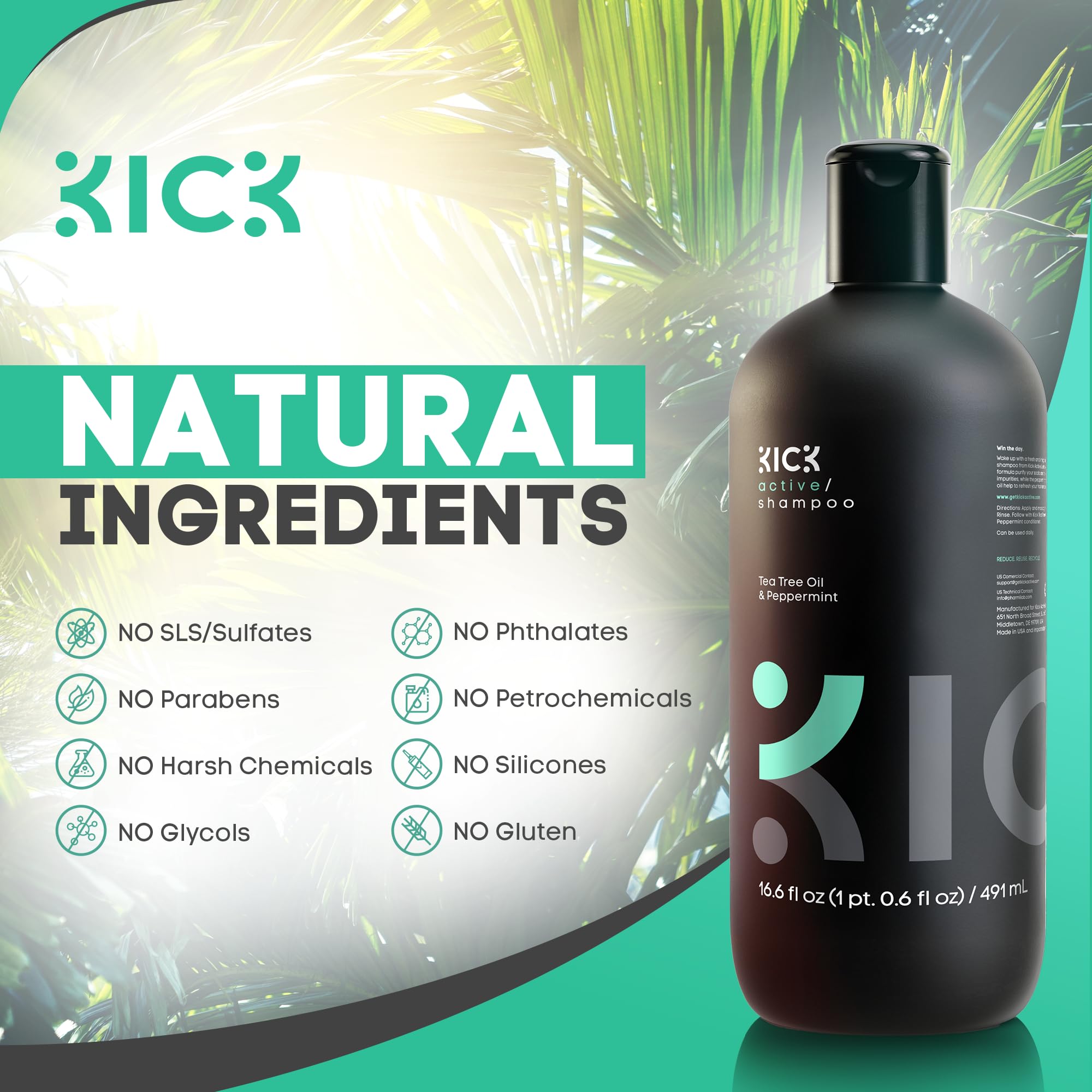 Kick Mens Shampoo bottle with peppermint and tea tree under cool lighting, signaling invigorating scalp sensation.