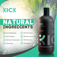 Kick Mens Shampoo bottle with peppermint and tea tree under cool lighting, signaling invigorating scalp sensation.