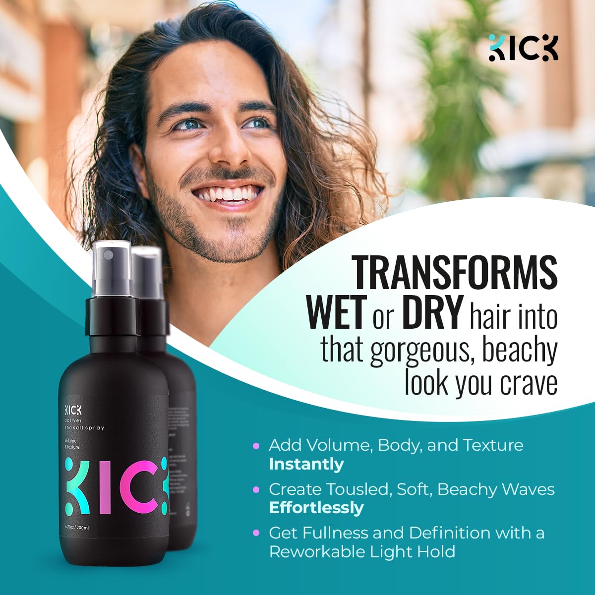 Hair textured with Kick Sea Salt Spray for natural waves.