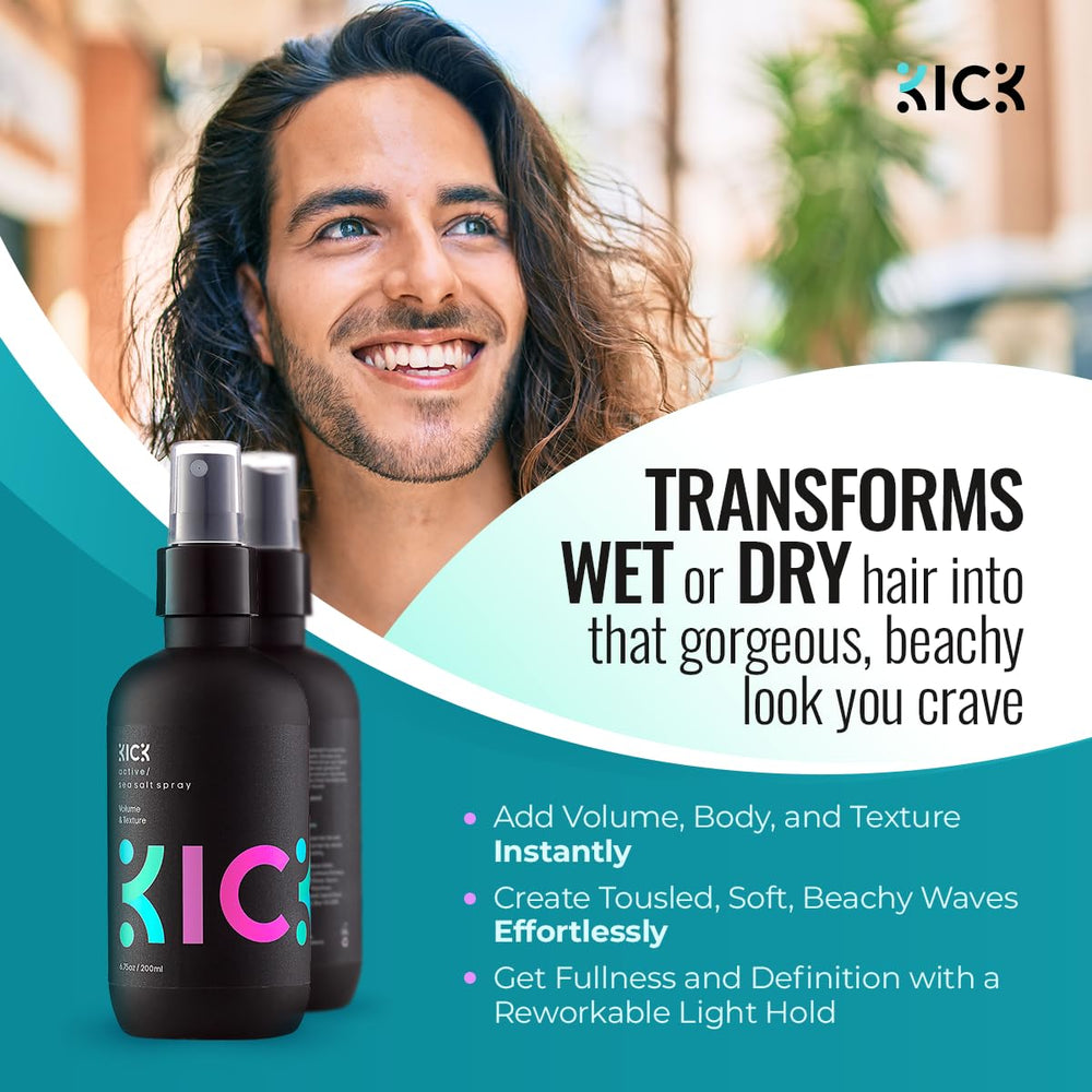 Hair textured with Kick Sea Salt Spray for natural waves.