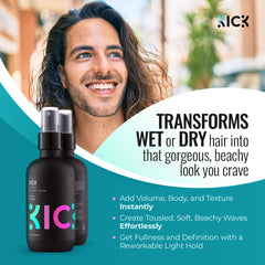 Hair textured with Kick Sea Salt Spray for natural waves.