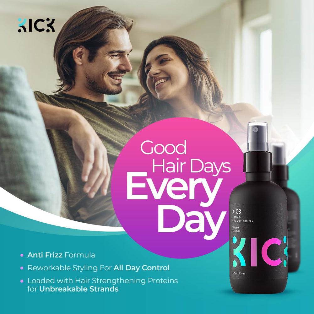 Hands applyingKick Sea Salt Spray for quick texture.
