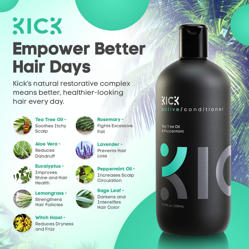 PUMP dispenser shown for easy, mess-free application of Kick conditioner.