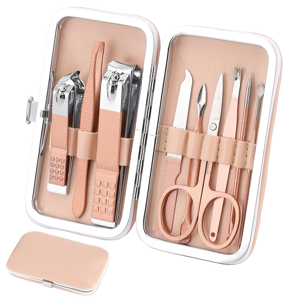 Kidoom manicure set in rose gold case with 9 tools for precise grooming.
