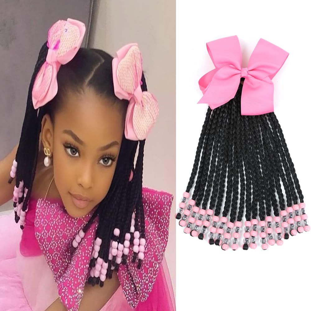 Kid's Summer box braid ponytail with beads, 9-inch length, quick salon-free style for kids.