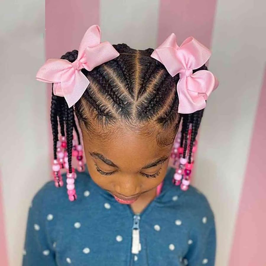 Kid's Summer box braid ponytail beads on model, ready for birthday parties.