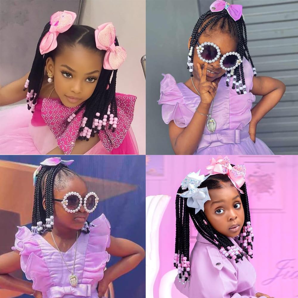 Kid's Summer box braid ponytail with beads, adjustable elastic band for secure wear.