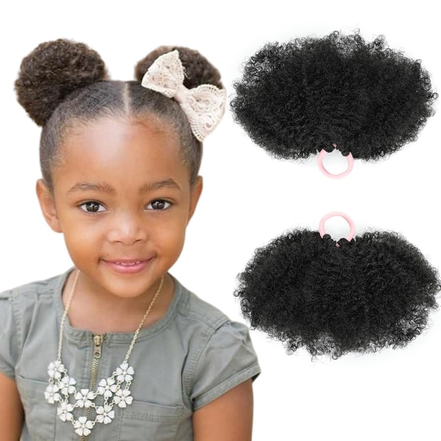 Kid's Summer double afro-puffs ponytail in natural black for quick daily styling