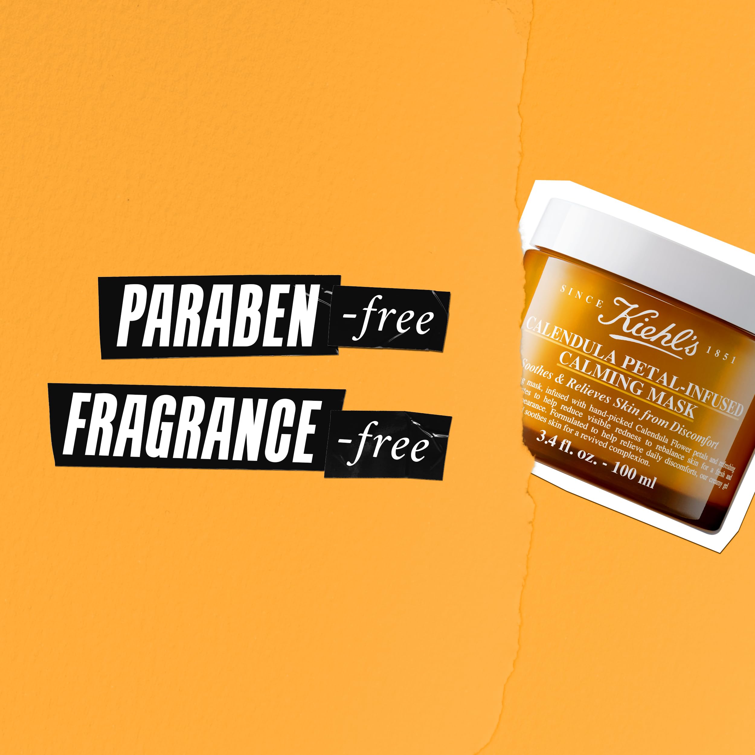 Kiehl's Calendula Calming Mask packaging emphasizing fragrance- and paraben-free formula