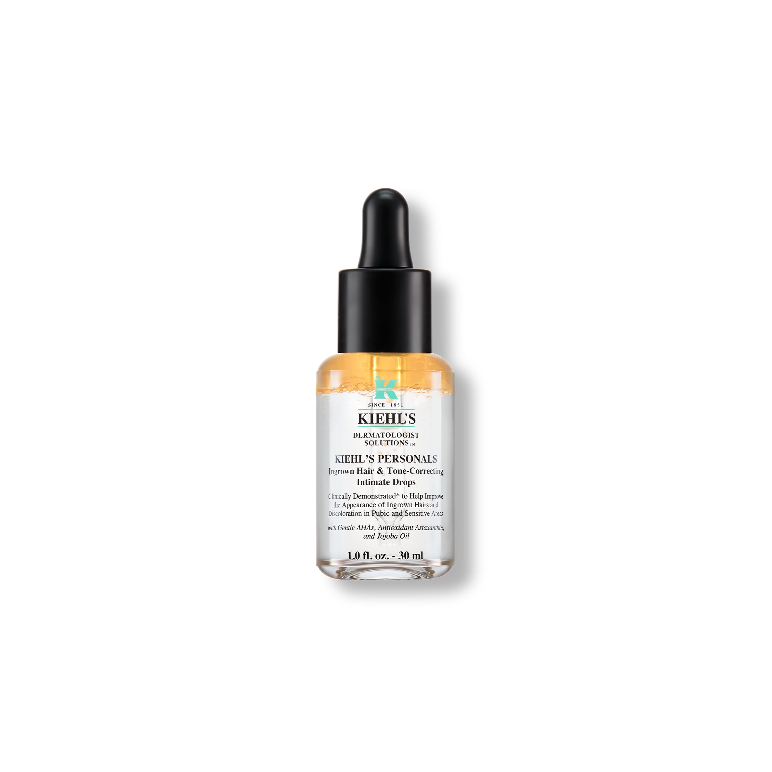 Kiehl's Ingrown Hair & Tone Drops bottle close-up for smoother, more even bikini-area skin.