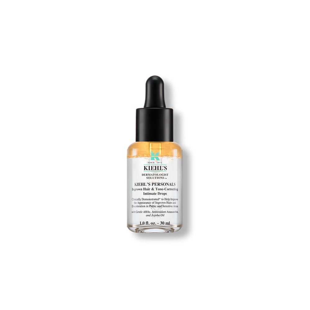 Kiehl's Ingrown Hair & Tone Drops bottle close-up for smoother, more even bikini-area skin.