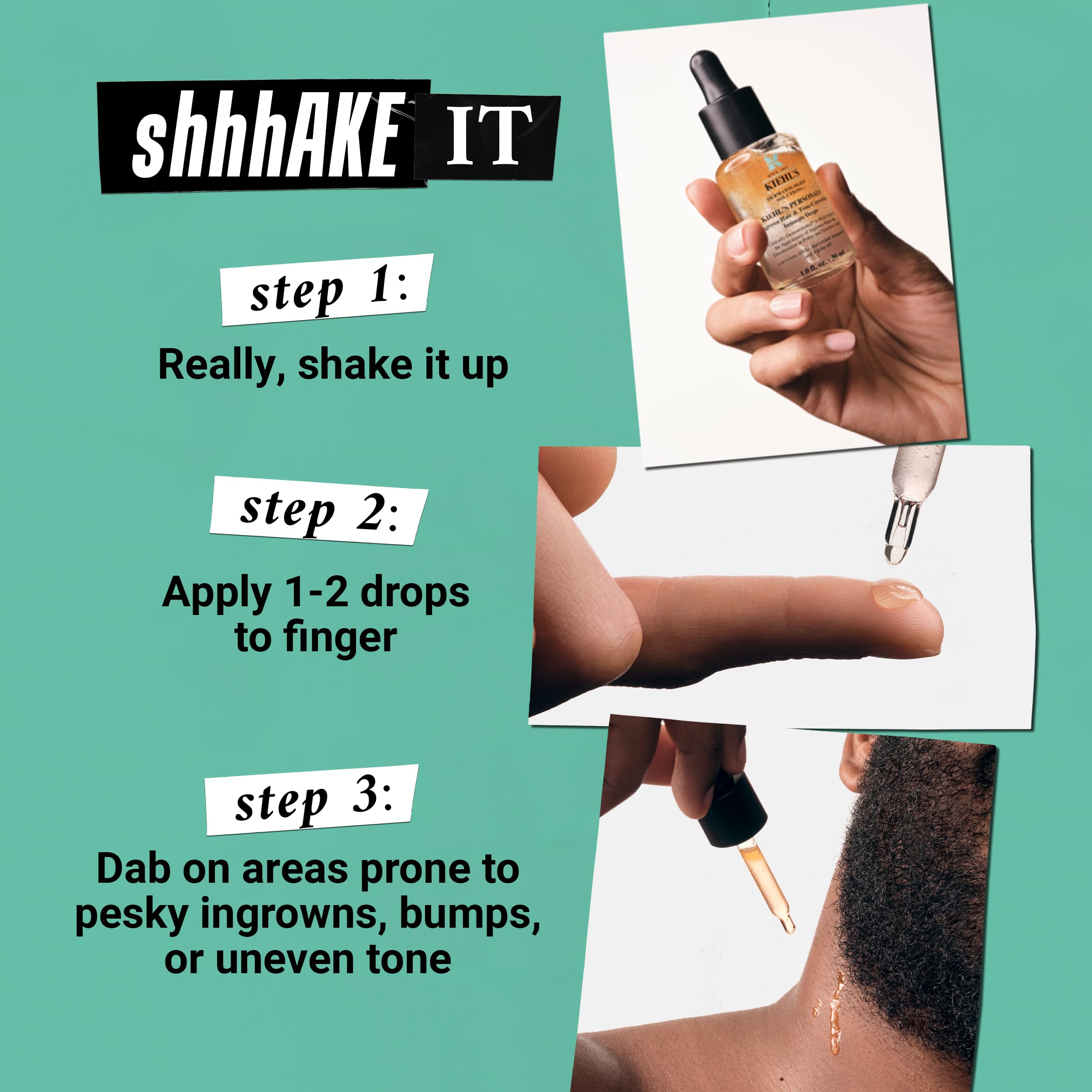 Kiehl's Ingrown Hair & Tone Drops packaging highlighting gentle exfoliation and nourishing oils.