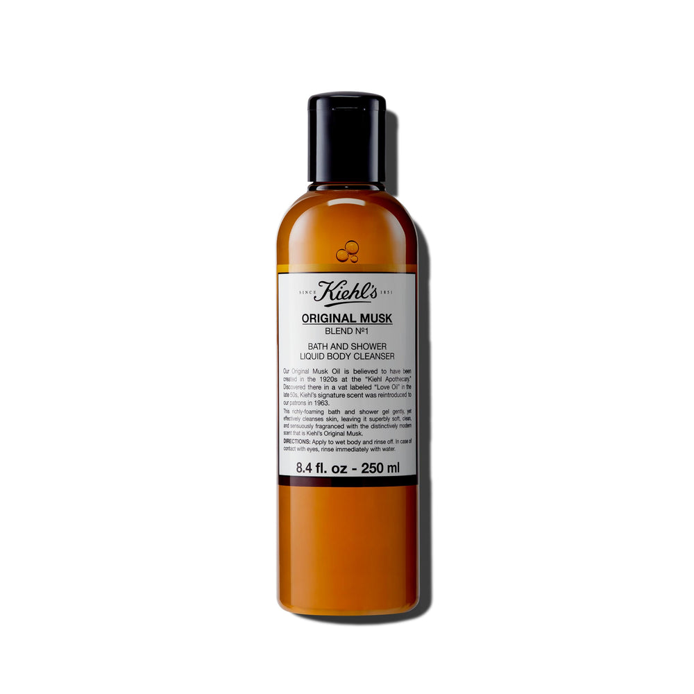 Kiehl's Original Musk bottle front view, inviting unisex scent for a refreshing shower.