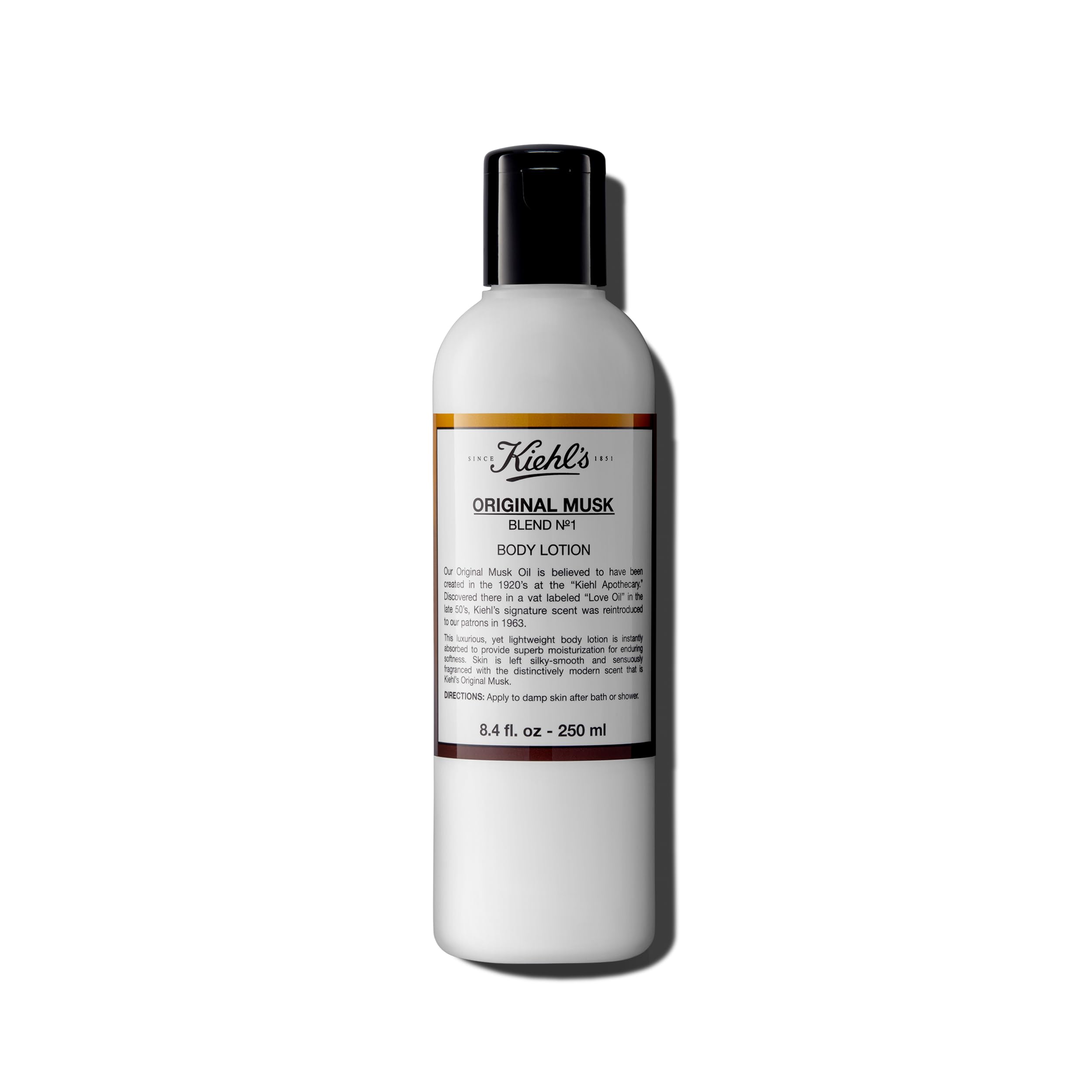 Kiehl's Original Musk lotion bottle closeup showing lightweight hydration for daily use.