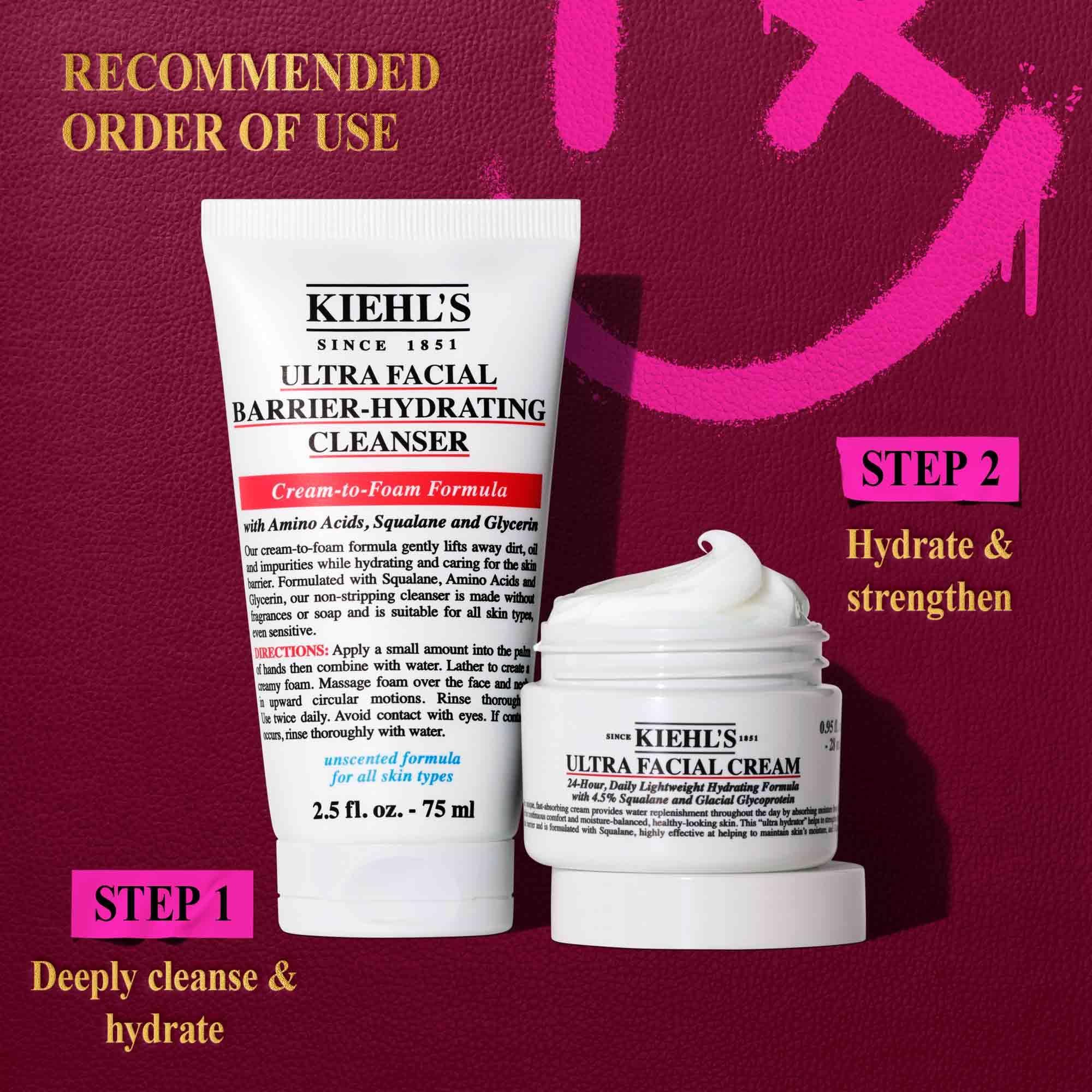 Kiehl's Squalane and Glycerin ingredients close-up for hydration.