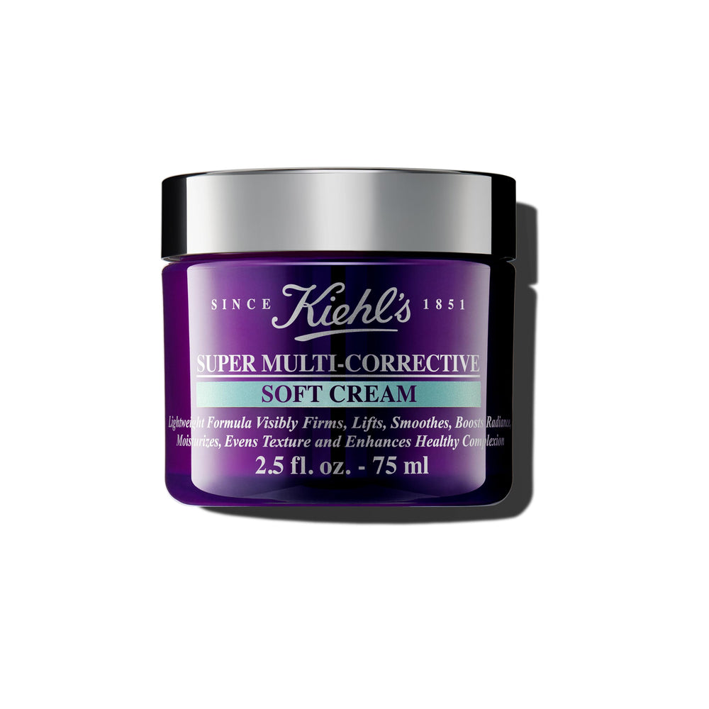 Kiehl's Super Multi-Corrective Soft Cream bottle close-up for firming and smoothing.