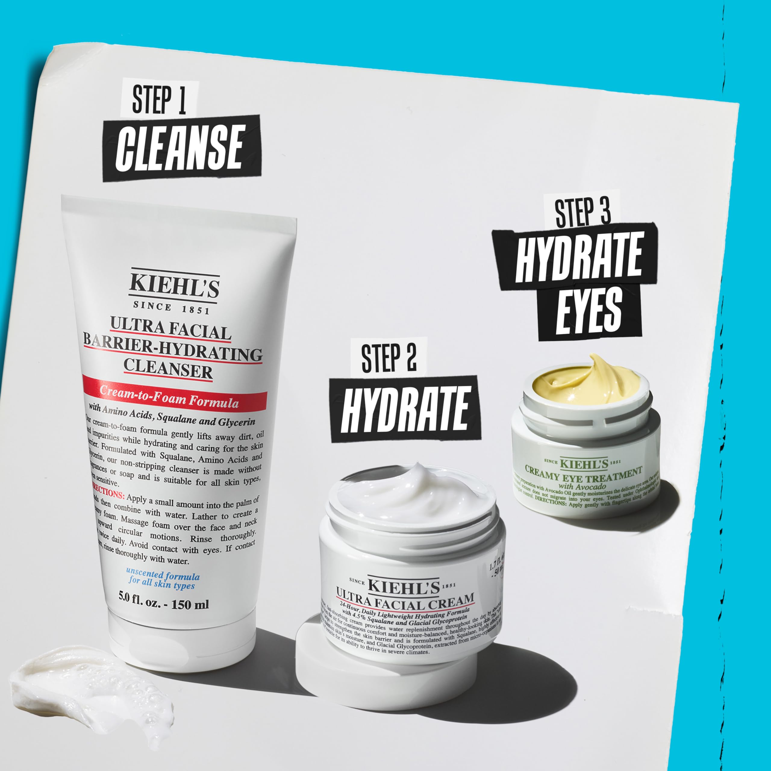 Sunscreen removal scenario using Kiehl's cleanser shown in use.