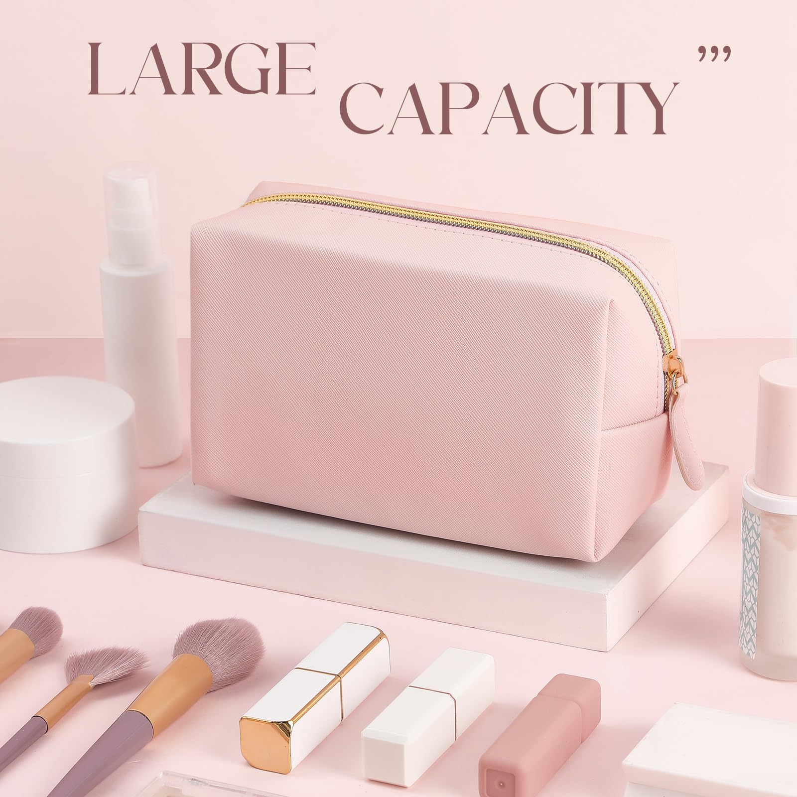 Kigeli light pink preppy makeup bag open zipper, easy access to essentials