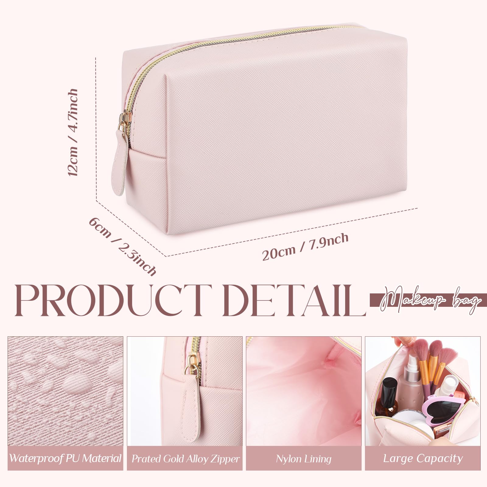 Kigeli light pink preppy makeup bag side view, compact organizer for travel