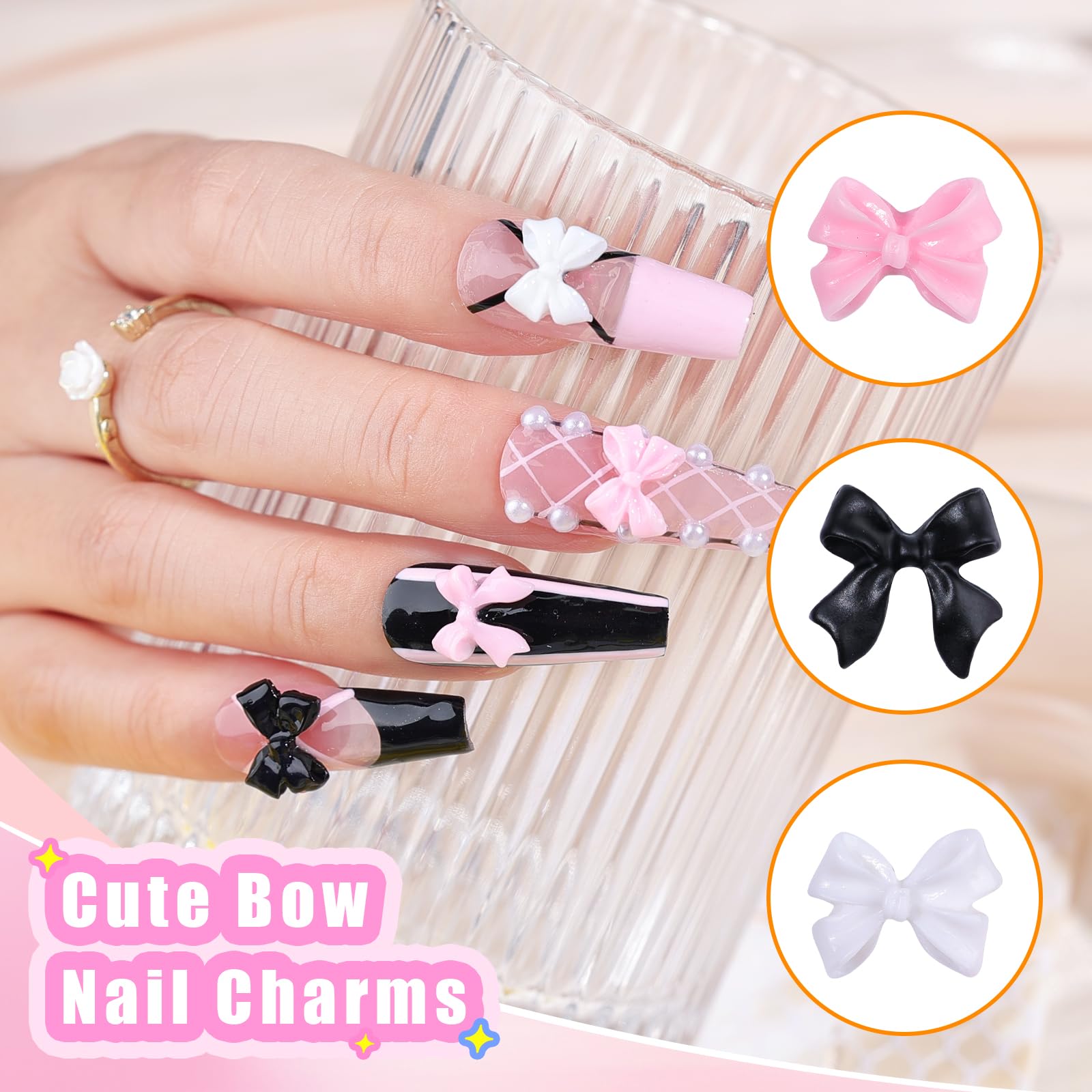 Kikonoke Valentine nail art idea with bows and pearls