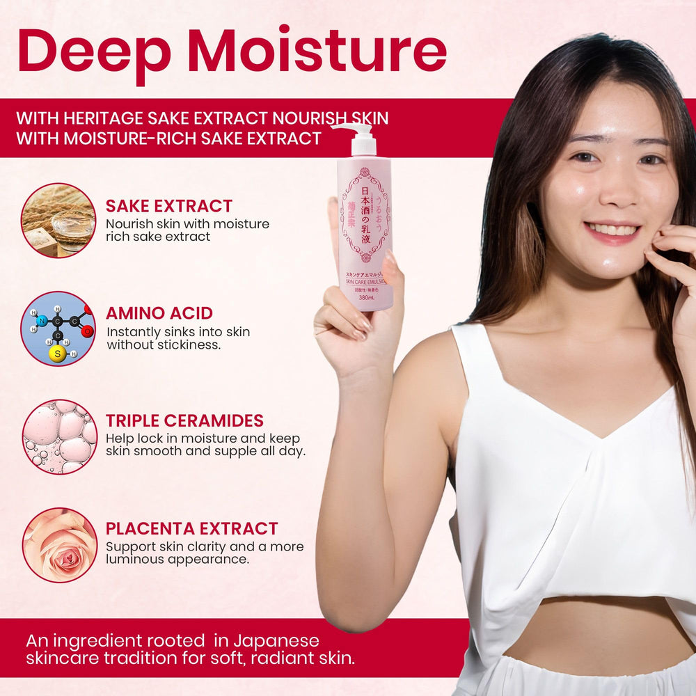 Kikumasamune lotion texture image highlighting a milky, fast-absorbing formula.