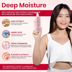 Kikumasamune lotion texture image highlighting a milky, fast-absorbing formula.