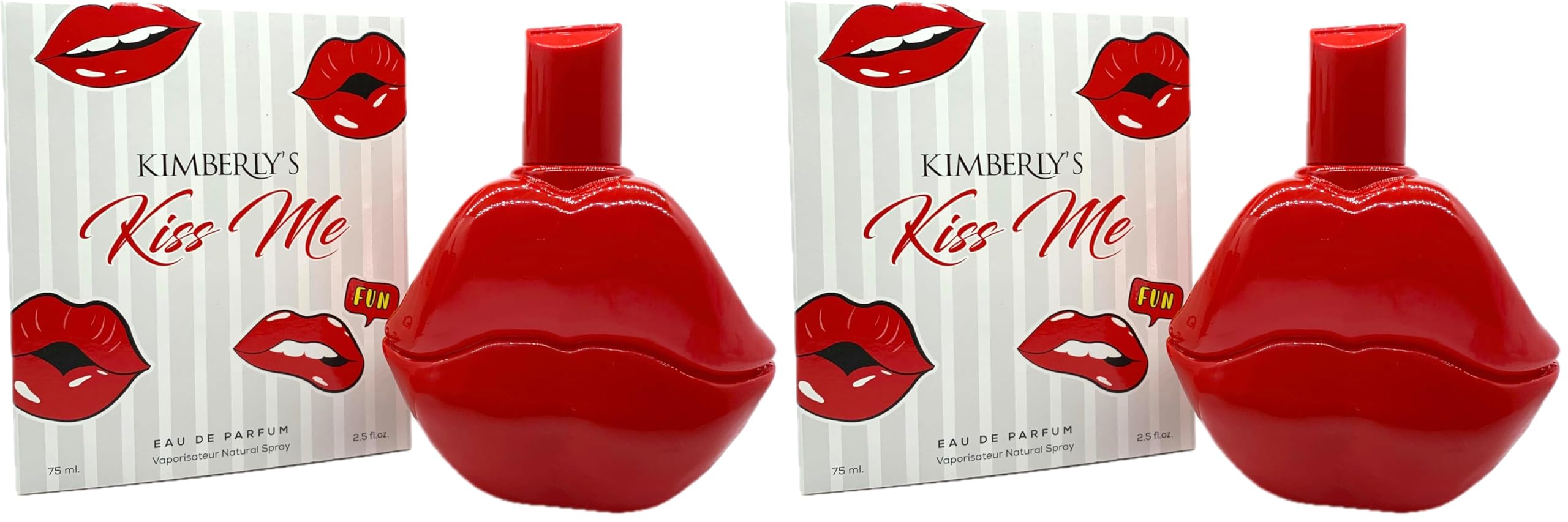 Kimberly's Kiss Me full bottle front showcases a bold, romantic perfume for everyday elegance.