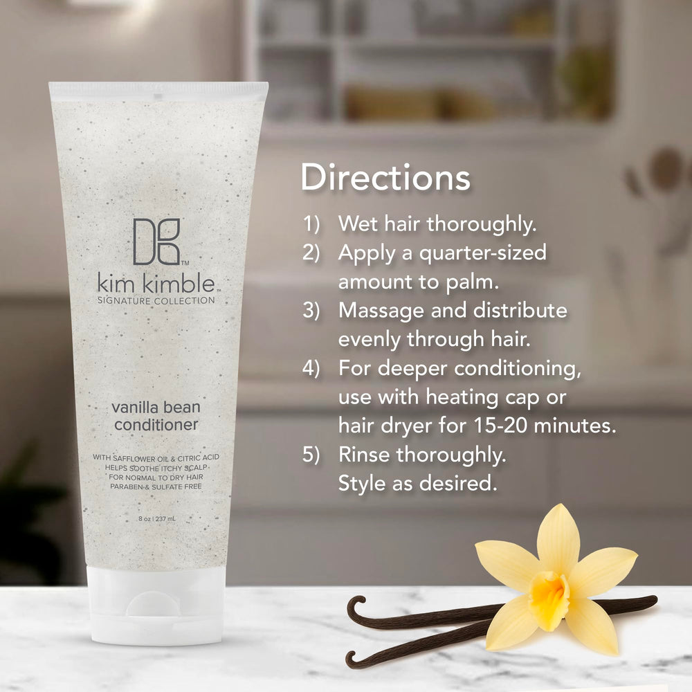 Kimblebeauty Vanilla Bean Conditioner applying on damp hair to nourish strands