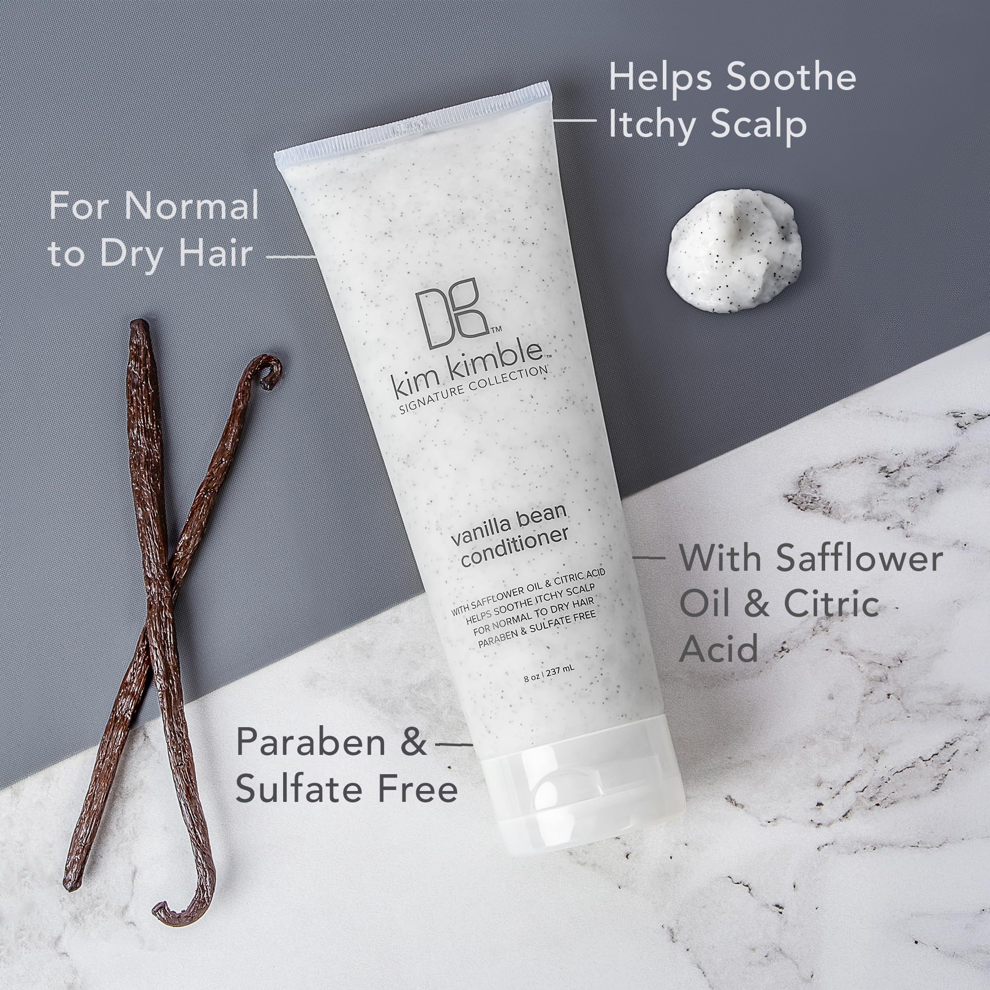 Kimblebeauty Vanilla Bean Conditioner pour showing creamy texture and slip