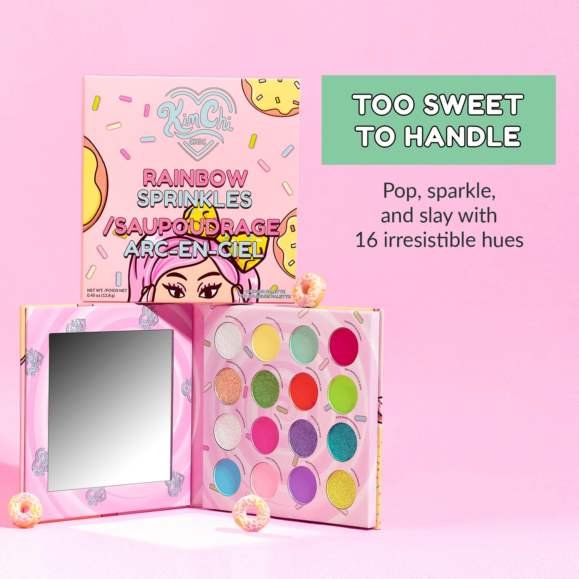 Kimchi Chic Donut Eyeshadow Palette swatches show matte, satin, glitter options.