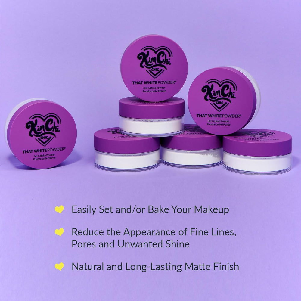KimChi Chic Mini Me White Powder Set travel-size bottle ideal for on-the-go touch-ups.