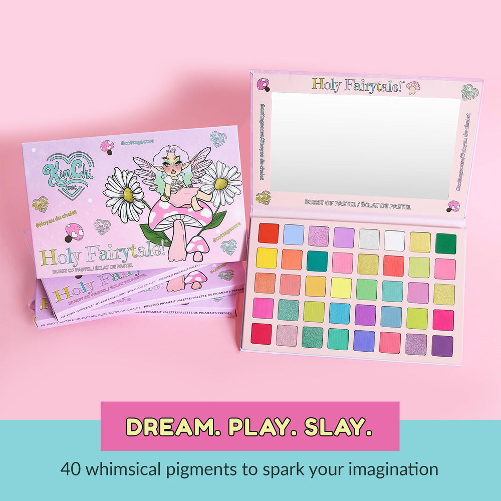 Close-up of 40 shades in KimChiChic Holy Fairytale Palette for versatile looks.