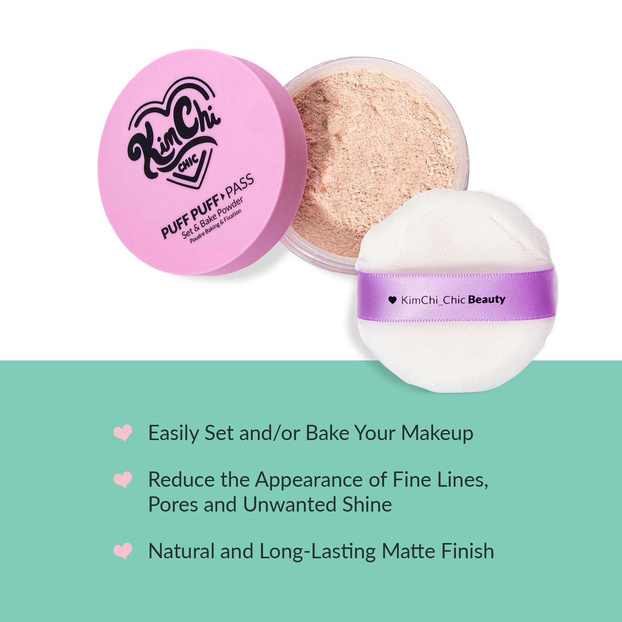 KimChiChic Puff Puff Pass Set powder dispense reveals even, oil-absorbing translucence for a matte look.