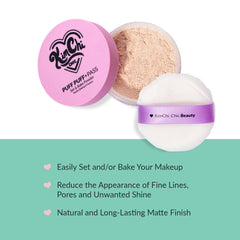 KimChiChic Puff Puff Pass Set powder dispense reveals even, oil-absorbing translucence for a matte look.