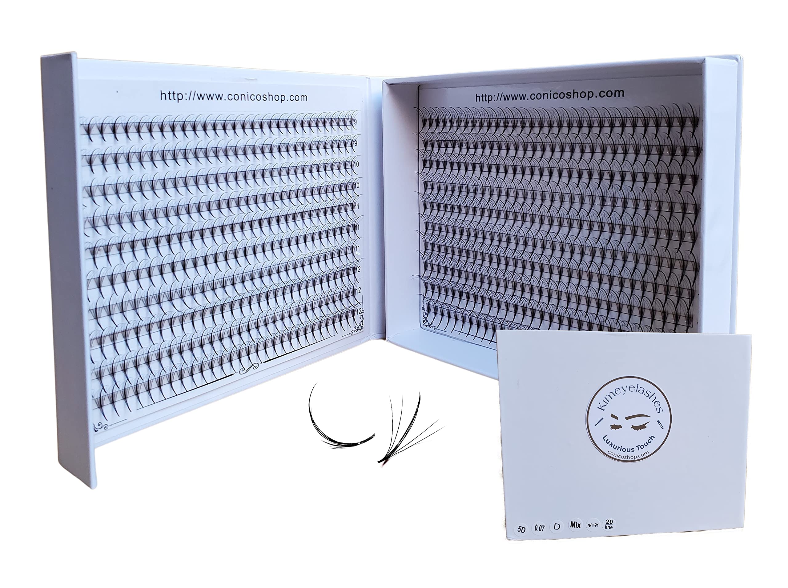 Kimeyelashes 600 wispy premade fans close-up for faster full-lash applications.