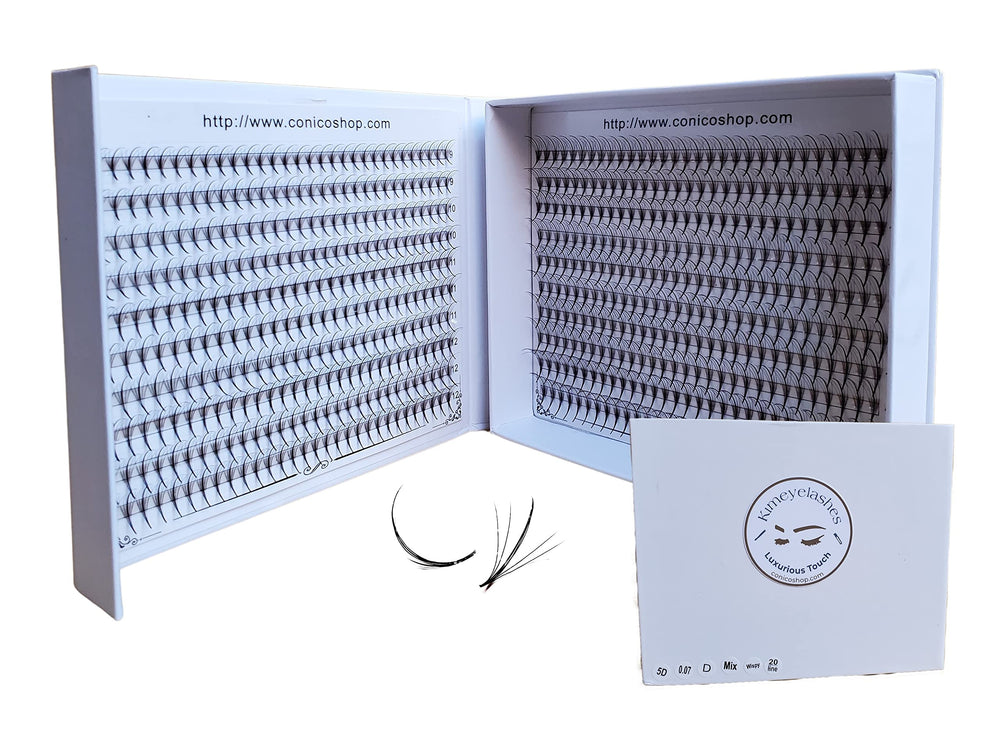 Kimeyelashes 600 wispy premade fans close-up for faster full-lash applications.