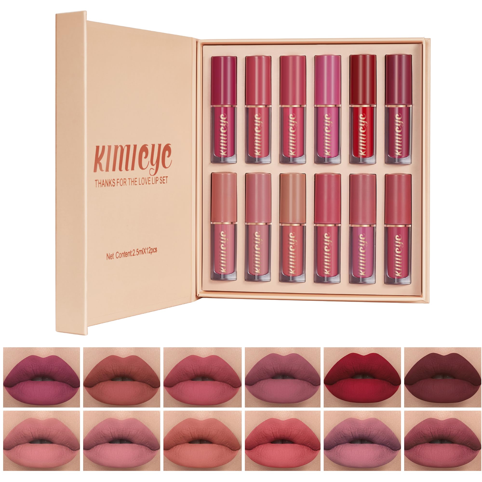 KIMIEYE 12-color matte lipstick swatches show nude to red shades for versatile looks.