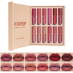 KIMIEYE 12-color matte lipstick swatches show nude to red shades for versatile looks.