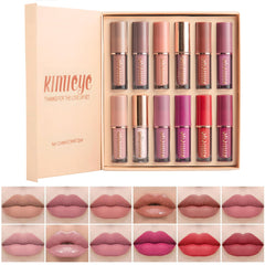 KIMIEYE 12pc velvet matte lipstick set on display with versatile color range.
